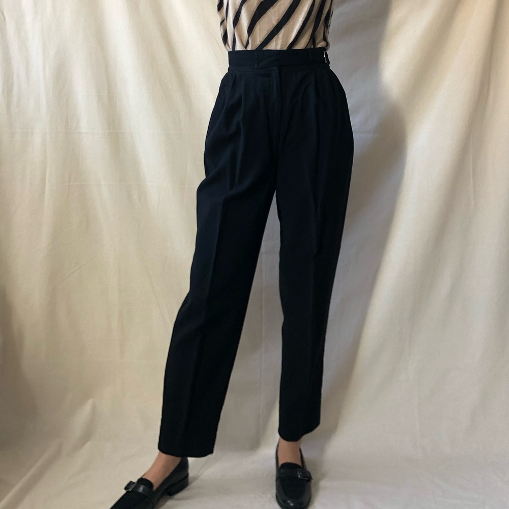 VTG Tahari High waisted Black Wool Trousers Size 0P w D Ring Belt Made In USA